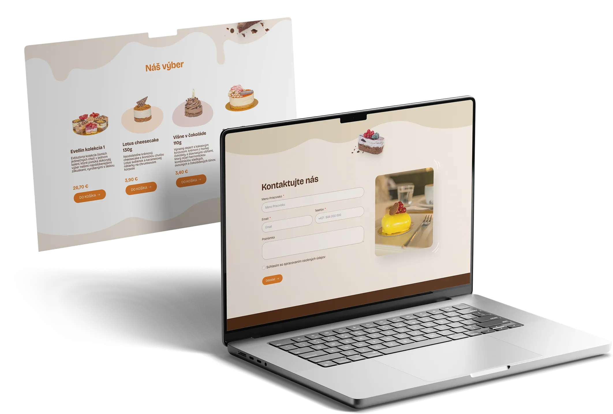 Laptop and screen showing a modern bakery website design.