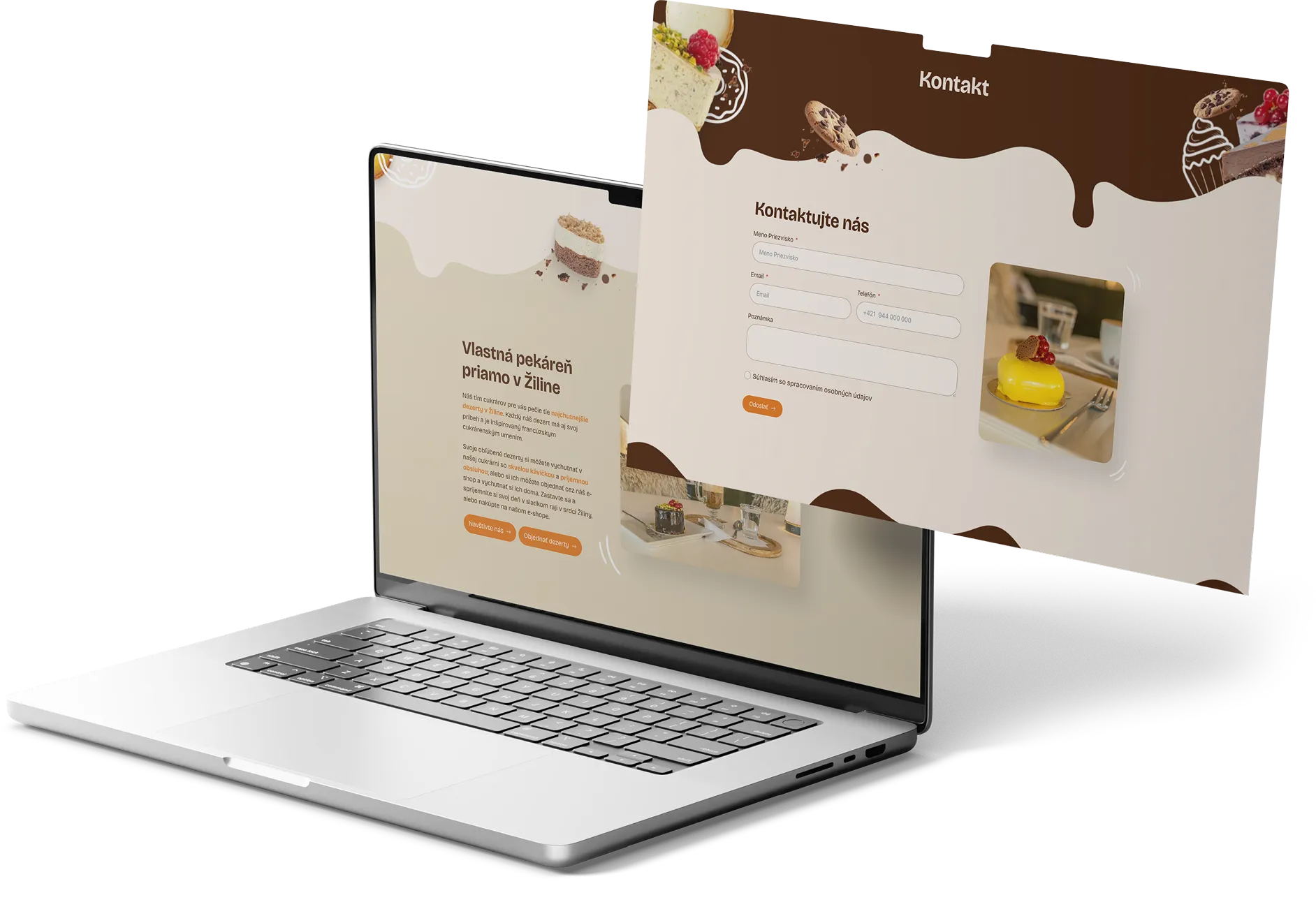 Laptop displaying a modern bakery website with floating contact form.