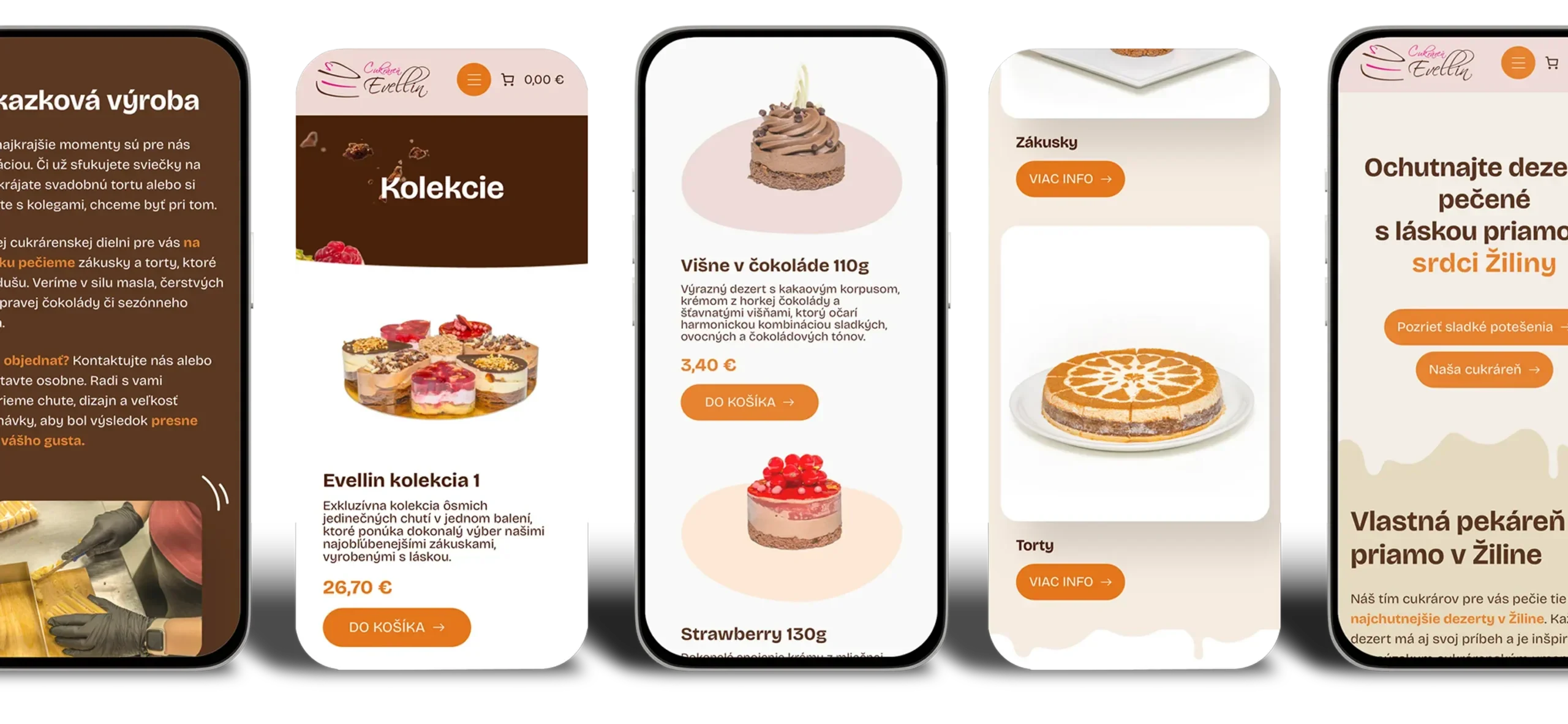 Mobile screens showing a bakery website with cakes and desserts.