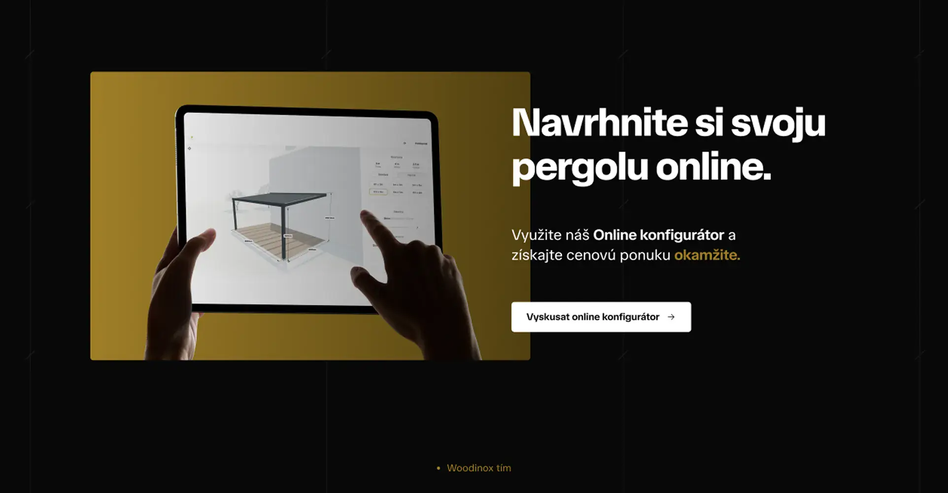 Hands using a tablet to design a custom pergola.