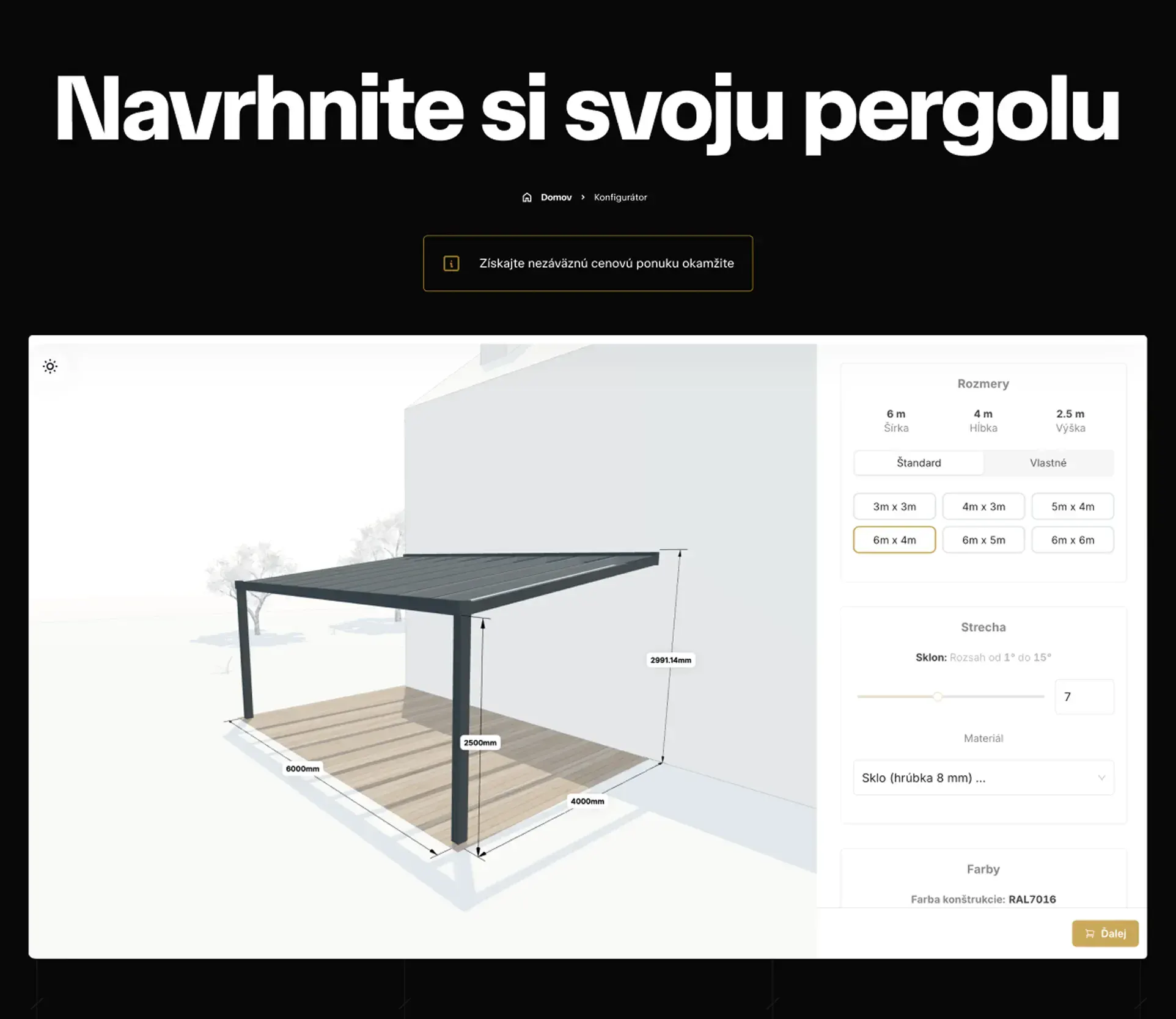 3D online configurator tool for designing a custom pergola.