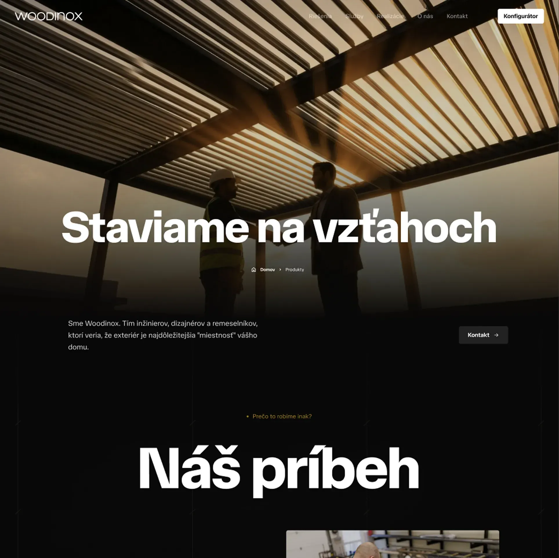 Two professionals shaking hands under a modern outdoor pergola.