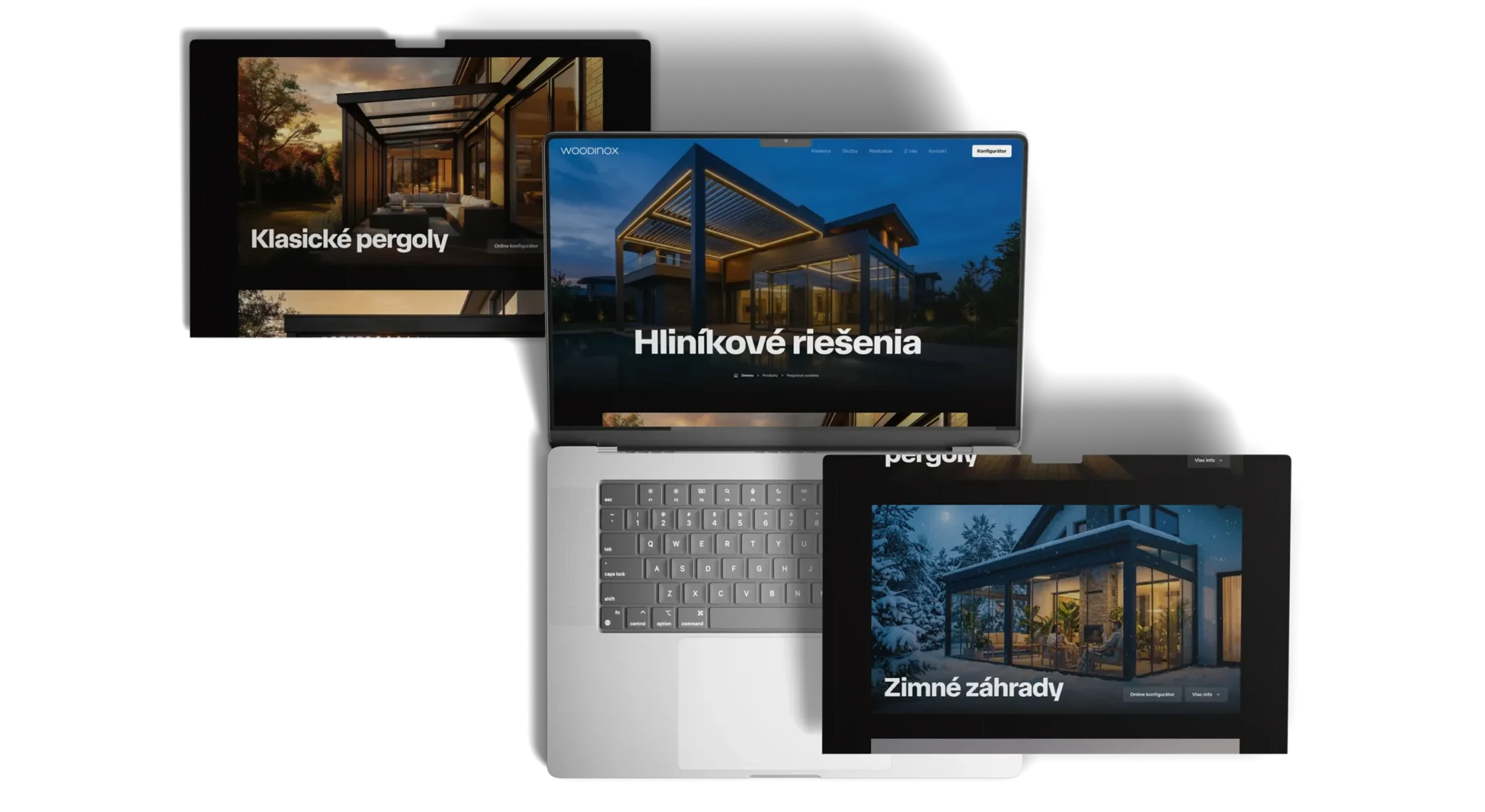 Laptop and floating screens showing WOODINOX pergola website designs.