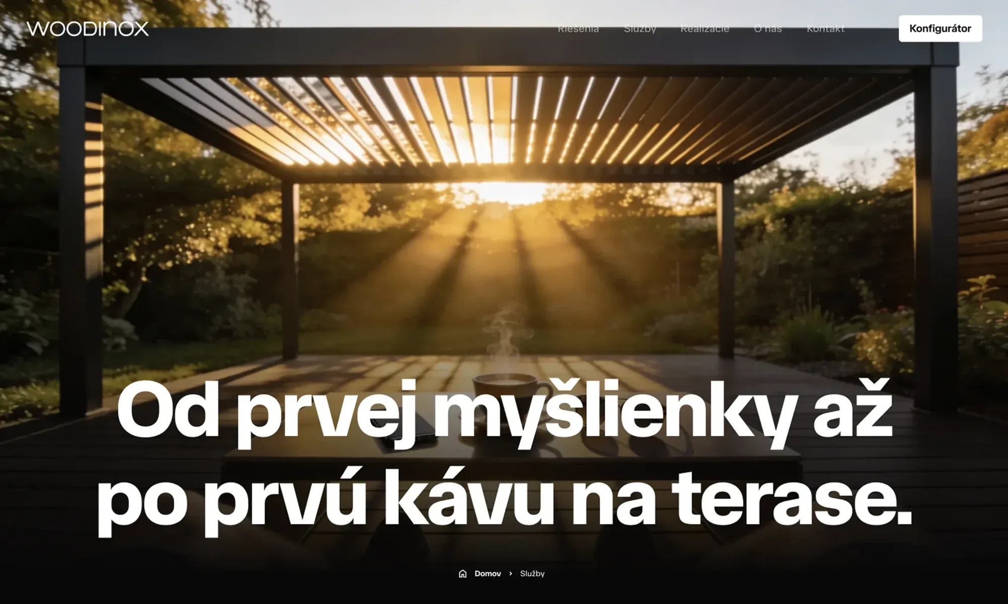 Modern pergola with sunlight filtering through slats onto a terrace.